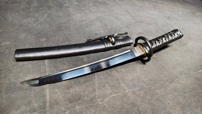 black flame（T10 covered with clay, fire burnt blade, quenched black）katana ,short knife